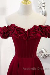 Wine Red Satin Off Shoulder Beaded Long Formal Dresses, Wine Red A-Line Evening Prom Dresses
